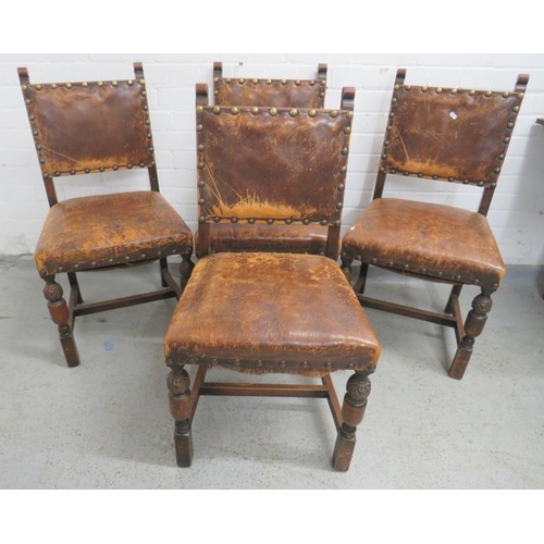 7 - Set of 4 Jacobean/Cromwellian Style Carved Oak Brown Leather Studded Backed & Seated Dining/Side Cha... 