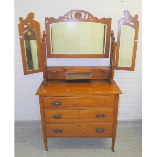 16 - Satin Walnut Art Nouveau Victorian Dresser/Dressing Chest with mirrored superstructure over with bra... 