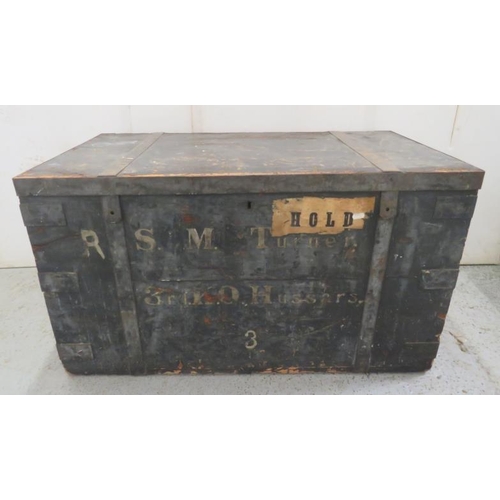 172 - Black Painted Travelling Trunk with labels for RSM Turner 3rd Hussars approx. 97cm W x 52cm D x 55cm... 