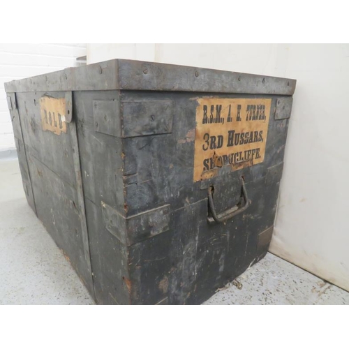 172 - Black Painted Travelling Trunk with labels for RSM Turner 3rd Hussars approx. 97cm W x 52cm D x 55cm... 