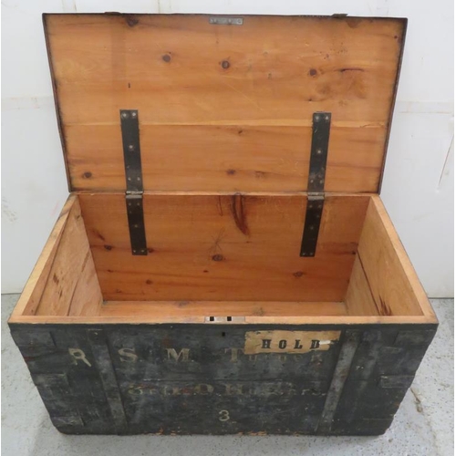 172 - Black Painted Travelling Trunk with labels for RSM Turner 3rd Hussars approx. 97cm W x 52cm D x 55cm... 