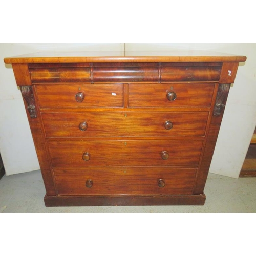 4 - Victorian Flame Mahogany Scottish Chest of Drawers, pair frieze drawers over 2 short, 3 long drawers... 