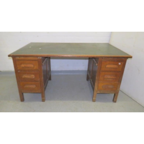 11 - Oak Pedestal Desk with 3 banks of drawers, solid wood top with 3 drawers with inset green top approx... 