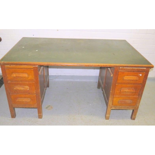 11 - Oak Pedestal Desk with 3 banks of drawers, solid wood top with 3 drawers with inset green top approx... 