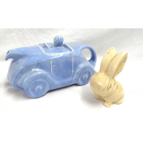 Sylvac Beige Bunny no. 106 & Blue Art Deco Style Racing Car Teapot (2)