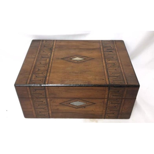 75 - C19th Walnut Box with parquetry bands, inlaid with mother of pearl, no interior approx. 27cm x 20cm ... 