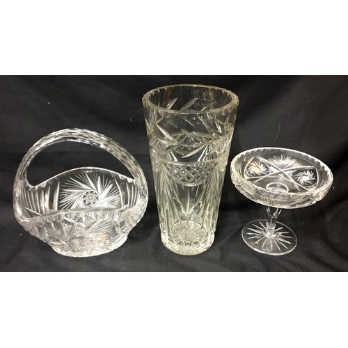 1784 - Cut Crystal Brunswick Star Decorated Basket approx. 22cm H, cut crystal vase & tazza, Tri Footed Cut... 