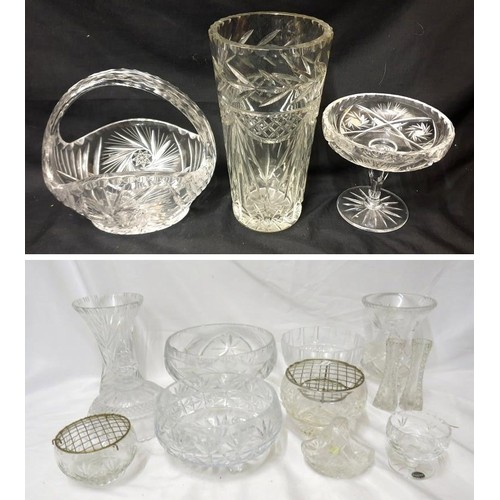 1784 - Cut Crystal Brunswick Star Decorated Basket approx. 22cm H, cut crystal vase & tazza, Tri Footed Cut... 