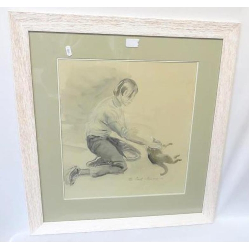 F G Wash Drawing Boy With Cat By Elizabeth Scott Moore, Signed, 66cm X 61cm