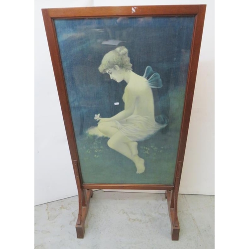 25 - Glazed Fire Screen approx. 72cm W x 140cm H inset with scene of nymph holding a butterfly (A9)