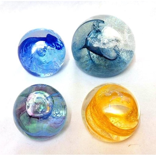 4 Caithness Paperweights, splash shadow blue & white, Ciij marked blue
