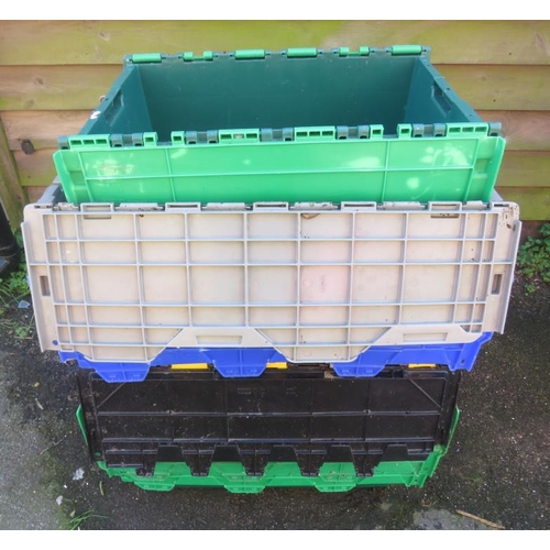 6 Plastic Storage Crates with fold over tops, type used for crate hire