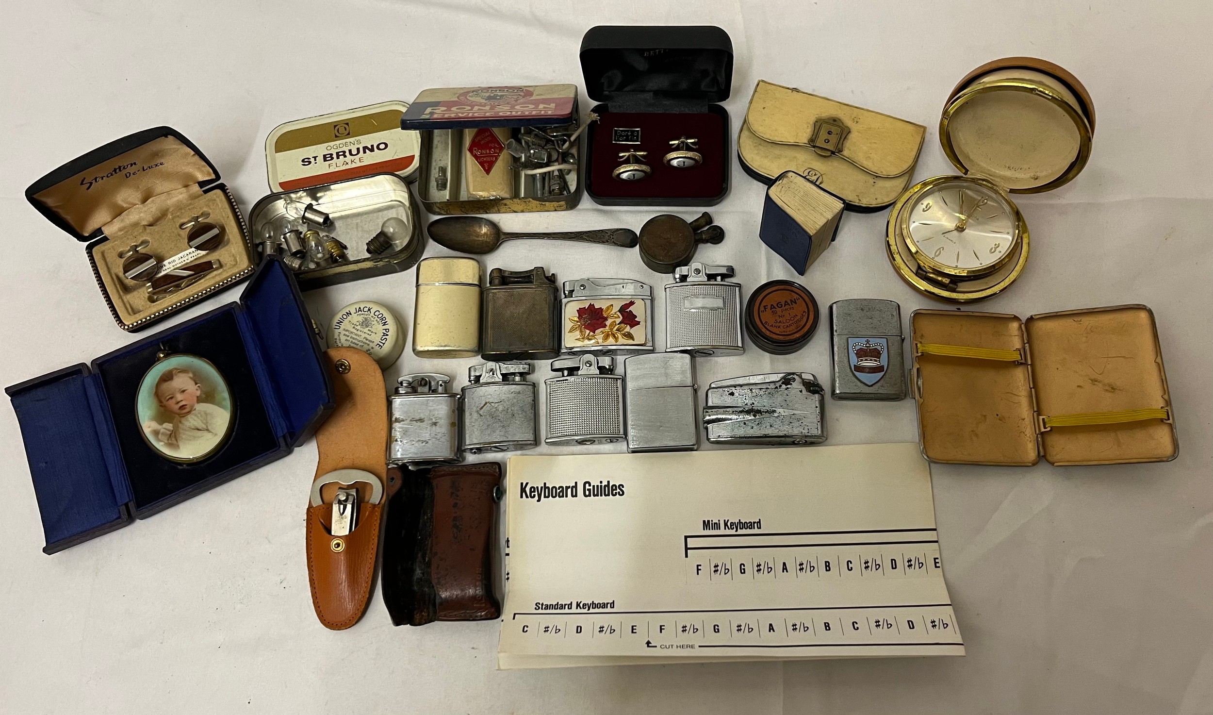 Lighters incl. Ronsons, cigarette case, silver plated spoons, Miniature ...