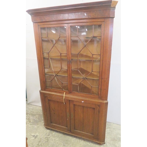 51 - Antique Glazed Corner Cabinet, top glazed section with 3 internal shelves, 2 doors to base approx. 6... 
