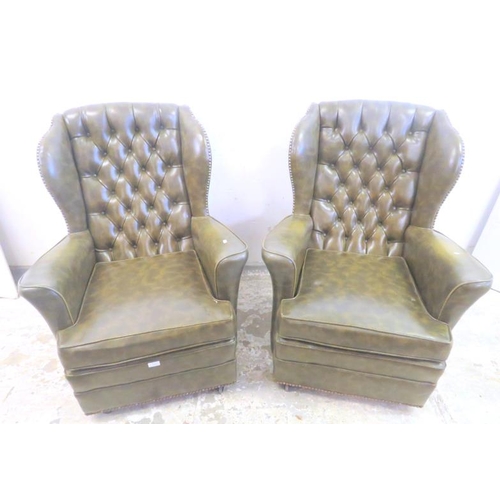 52 - Pair of Green Button Backed Wing Armchairs approx. 75cm W x 58cm D x 43cm seat height/95cm back heig... 