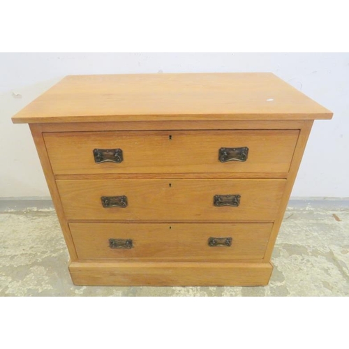 56 - Golden Oak Chest of Drawers, 3 long drawers with metal Arts & Crafts style handles approx. 92cm W x ... 