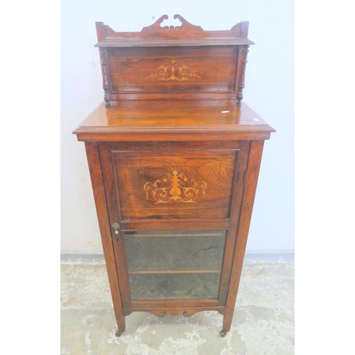 57 - Part Glazed Edwardian Marquetry Inlaid Music Cabinet/Display/Side Cabinet with small upstand to rear... 