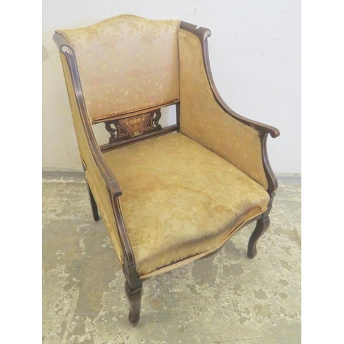 58 - Edwardian Mahogany Inlaid Bergere Style Salon Armchair with serpentine front upholstered in golden f... 