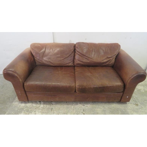79 - Brown Leather Sofa/Settee approx. 97cm D x 44cm seat height/65cm back height x 208cm L (FRONT WALL)