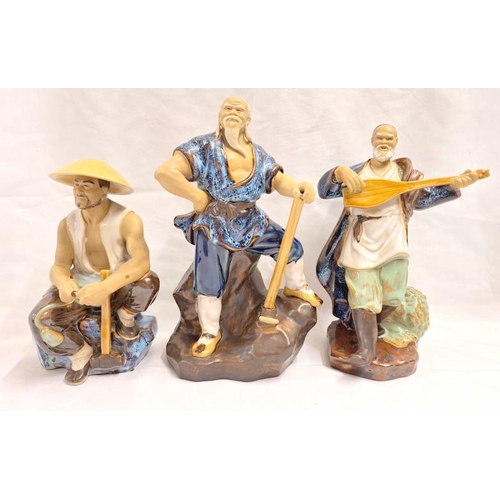 977 - 3 Shiwan Chinese Pottery Figures, mud man, man with guitar, seated figure approx. 24cm H to 17.5cm H... 