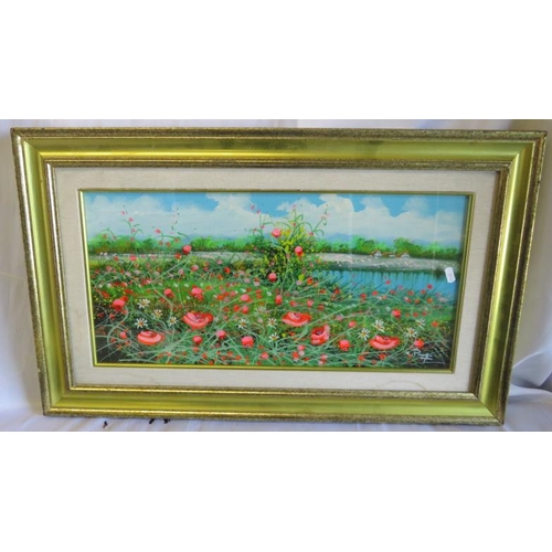 461A - F/g Acrylic? Landscape with river, houses to distance & meadow flowers in foreground, signed, 77cm x... 