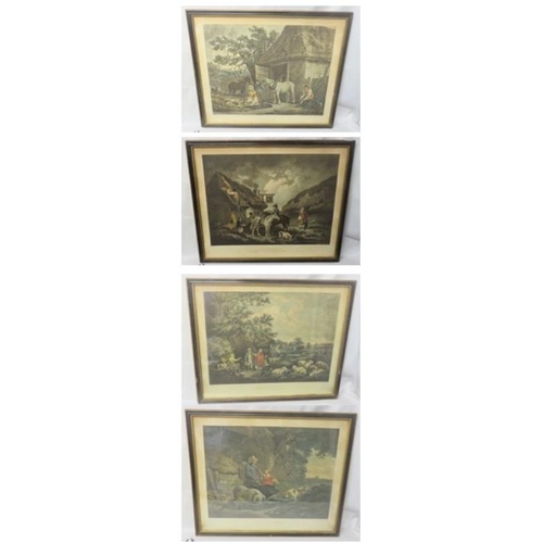 465 - Set 4 Coloured Engravings 'Peasant & Pigs' (broken glass), F/g 'The Shepherds', 'The Thatcher' (no g... 