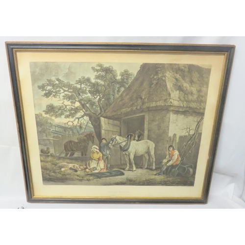 465 - Set 4 Coloured Engravings 'Peasant & Pigs' (broken glass), F/g 'The Shepherds', 'The Thatcher' (no g... 