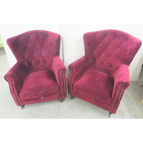 28 - Pair Darby Berry Molan Bros?Purple/Maroon/Burgundy Wing & Button Backed Armchairs with studded arms ... 