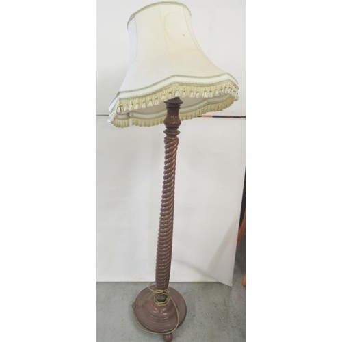 29 - Candytwist Columned Mahogany/Walnut Standard Lamp with grey/blue shade on turned corbel disc support... 
