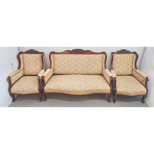 2 - Victorian Salon/Parlor Suite: Mahogany Show Wood Wingback Settee/Sofa with serpentine front, cream f... 