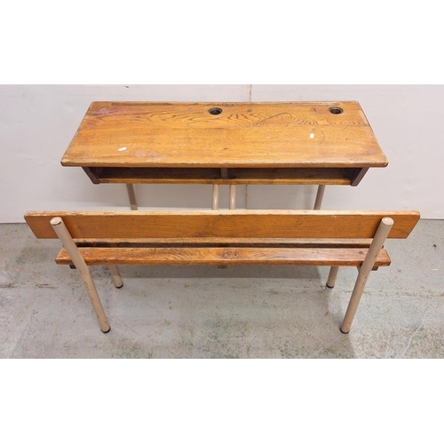 5 - Circa 1960's Child's School Desk, Double Desk with slatted bench seat, inkwells approx. 100cm W x 67... 