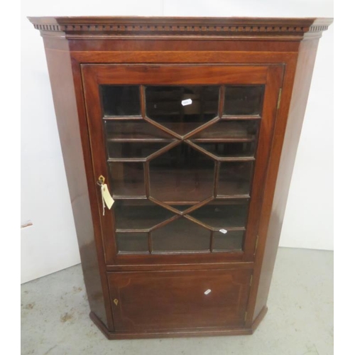 45 - Wall Hanging Mahogany Antique Georgian Corner Cupboard with glazed door above boxwood inlaid cupboar... 