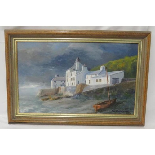 570 - Oil on Board, signed Bartholomew entitled Aberdyfi, gilt framed, white painted buildings on the coas... 