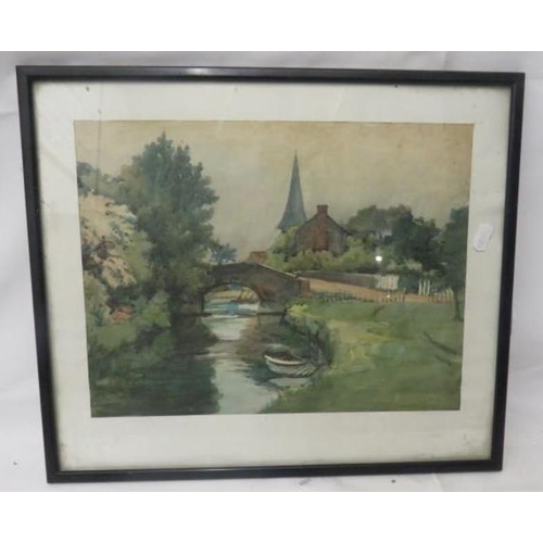 574 - M/f/g Watercolour, church steeple, small river, boat, stone bridge approx. 43cm x 37cm    R2S2