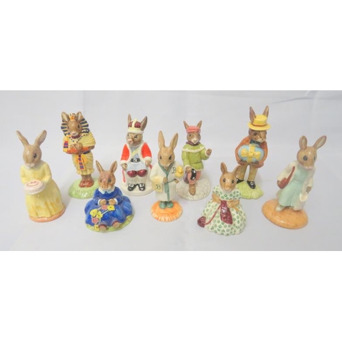 978 - 9 Royal Doulton Bunnykins Figurines DB7 Springtime, DB45 King John, DB10 Busy Needles, DB137 60th An... 