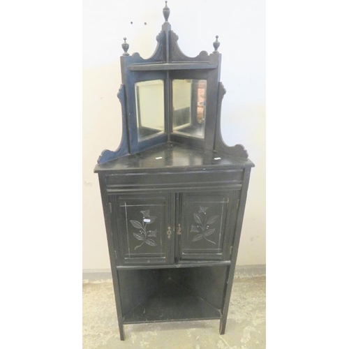 35 - Ebonised Victorian Corner Washstand/Cupboard with mirrored upstand, 2 doors to centre, open hutch un... 