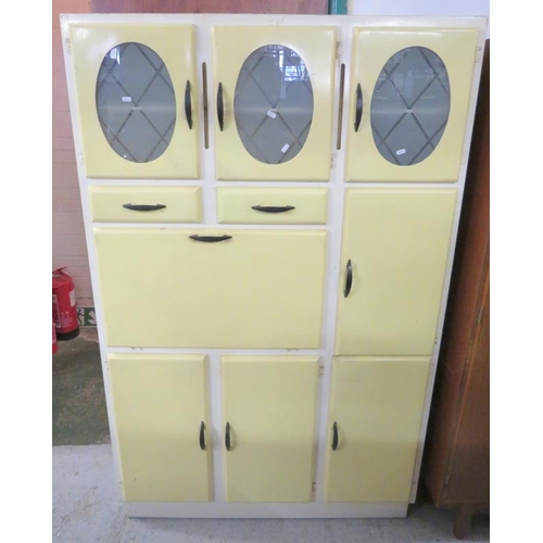 36 - Vintage Lemon Yellow Kitchen Storage Combination Cupboard, 3 glazed doors to top, 2 drawers & 5 cupb... 