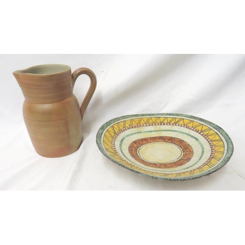 1061 - Ruscha Handgemalt Pottery Bowl/Dish aprox. 30cm x 28cm & Brown Pottery Jug (2)