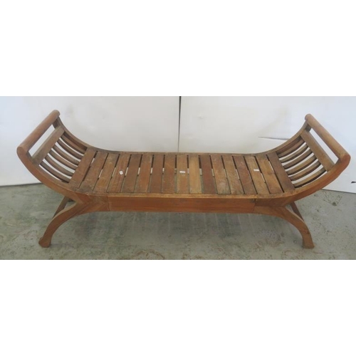 12 - Teak Window Seat/Curved Bench approx. 135cm W x 57cm H, seat height approx. 35cm H (A3)