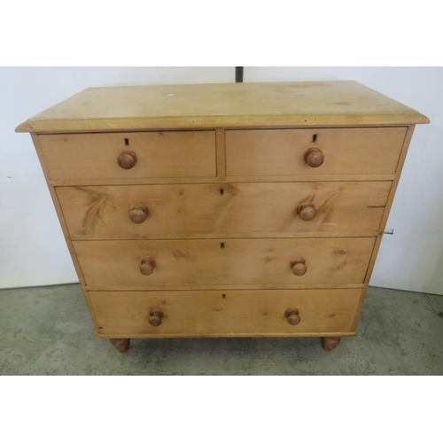 19 - Victorian Pine Chest of Drawers, 2 short over 3 long with turned bun handles approx. 102cm W x 47cm ... 