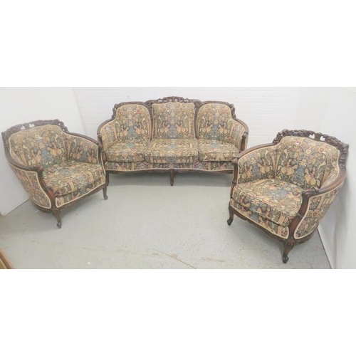 25 - Show Wood Framed Baroque Style Tapestry Upholstered Salon Suite: settee & 2 armchairs approx. 82cm W... 