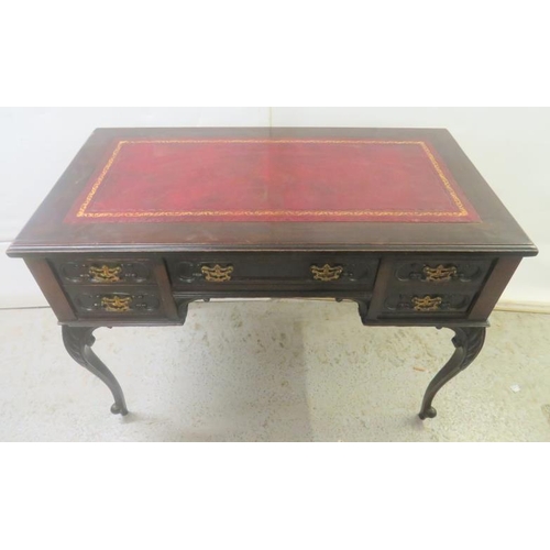 32 - Antique Writing Desk with single drawer to centre, red gilt tooled writing surface, 2 drawers to eit... 