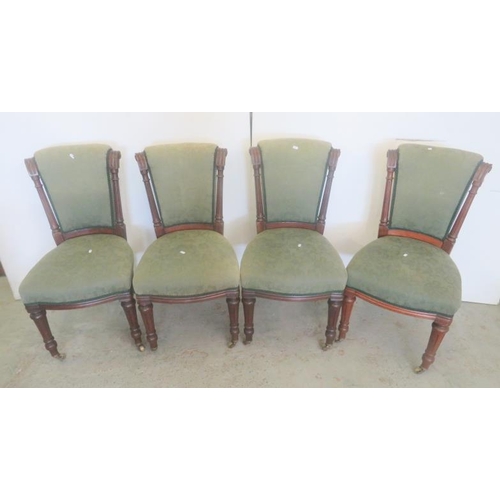 9 - Set of 4 Antique Scroll Back Green Upholstered Dining Chairs, with mahogany frame, carved side pilla... 