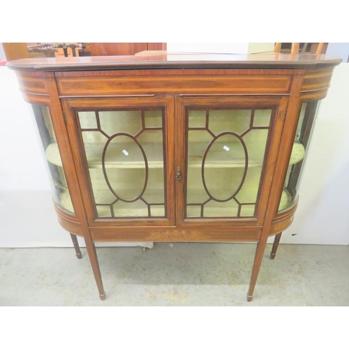 34 - Edwardian Inlaid Display Cabinet with curved ends, on tapering spade footed supports, single shelf t... 