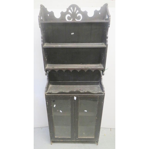 45 - Dark Stained Small Dresser with glazed section to base, plate rack over approx. 59cm W x 22cm D x 15... 