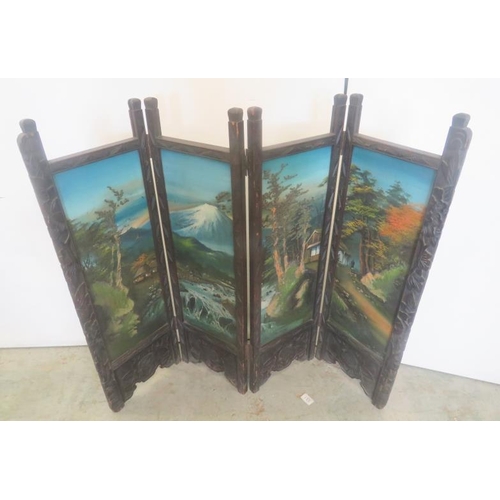 7 - 4 Fold Screen Painted with alpine scene set in carved wood, approx. W27.5cm x H88cm x D2cm (A10)