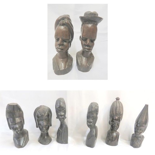 1627 - Pair of Carved Wooden African Busts approx. 22cm H, male & female, 6 Wooden Carved African Bust appr... 