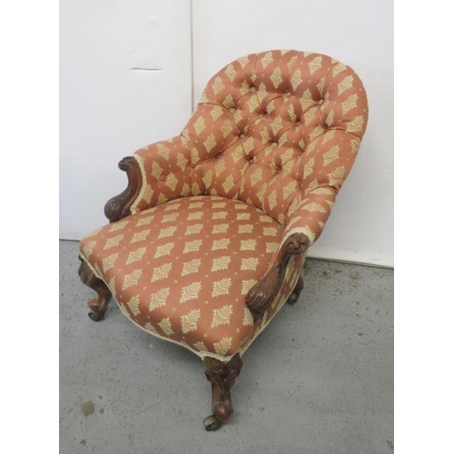 24 - Victorian Upholstered Nursing Chair with show wood frame, serpentine front, deep buttoned back in co... 