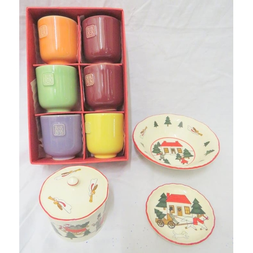 Boxed Set of Tea Cups & Masons Christmas Village covered preserve pot ...