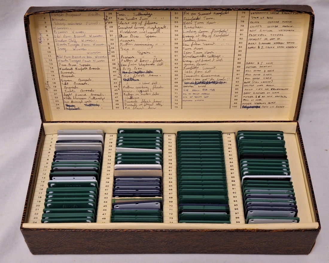 Boxed collection of slides with carefully handwritten index, box named ...